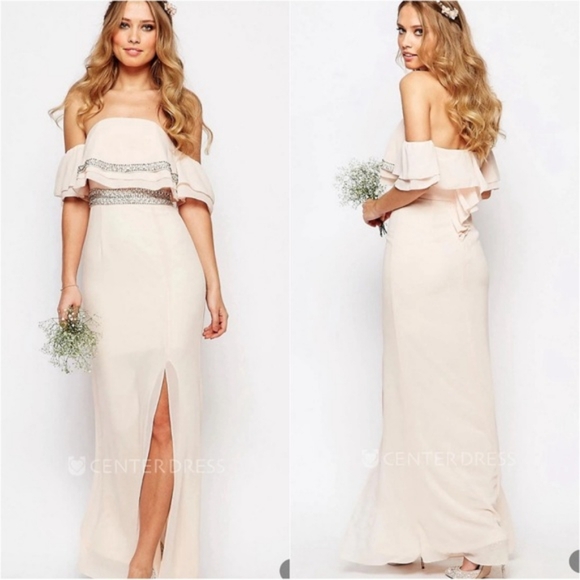 TFNC Cecilia Powder Blue Embellished Strapless Off Shoulder Gown - Picture 1 of 14